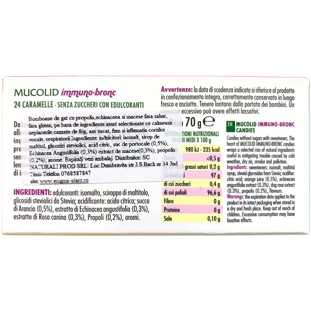 Caramele pentru gât cu portocale și echinacea Mucolid immuno-bronc 24 c.