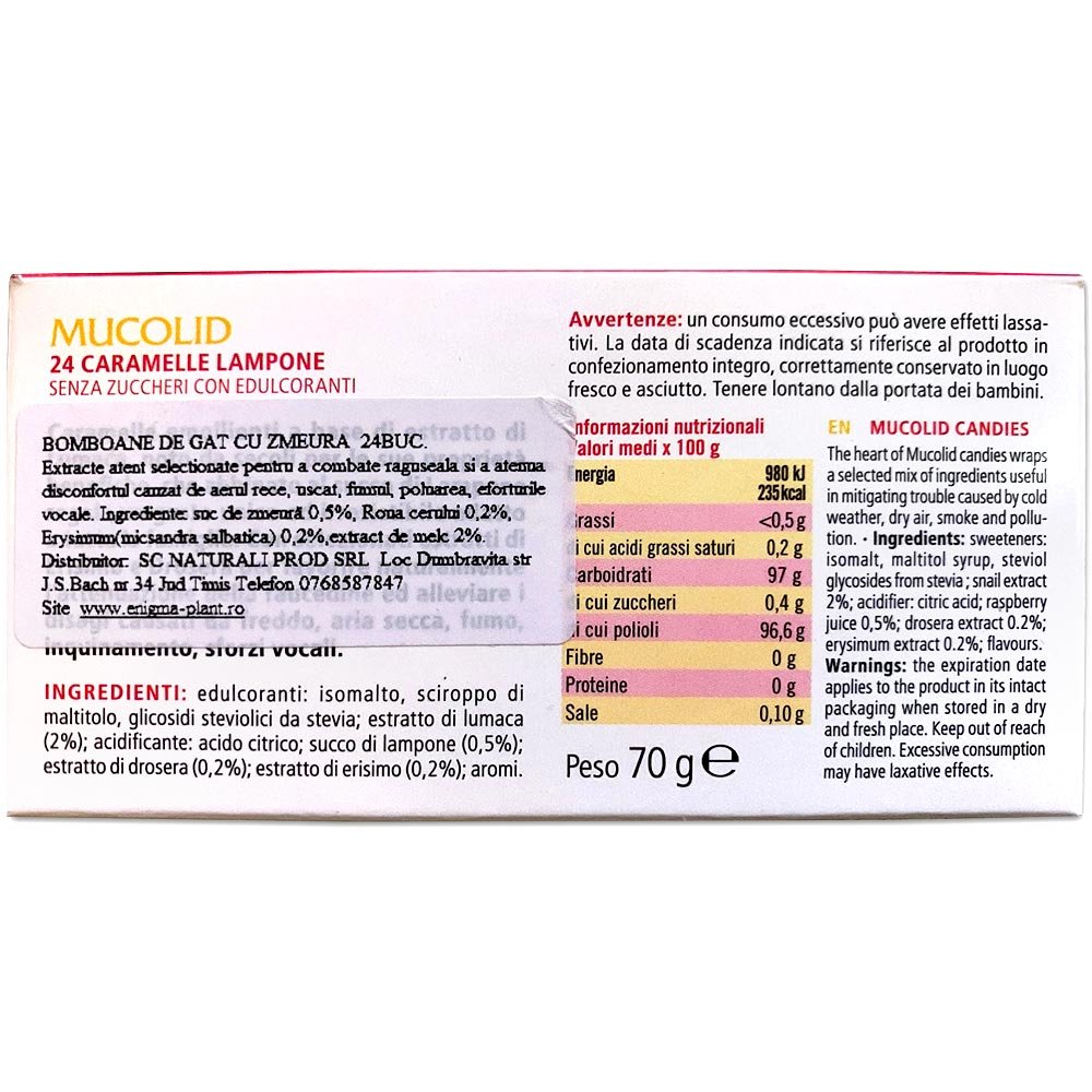 Caramele pentru gât cu zmeură și extract de melc Mucolid 24 c.
