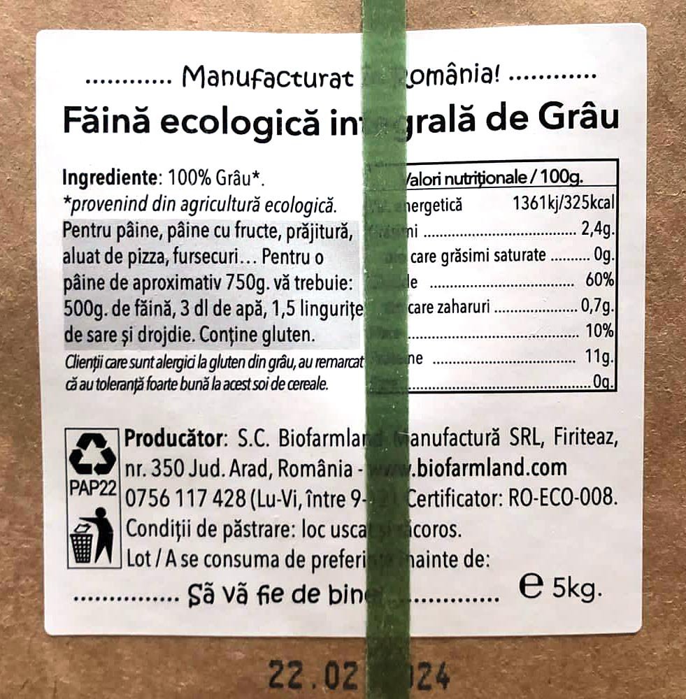 Făină integrală de Grâu ecologică BioFarmLand 5kg