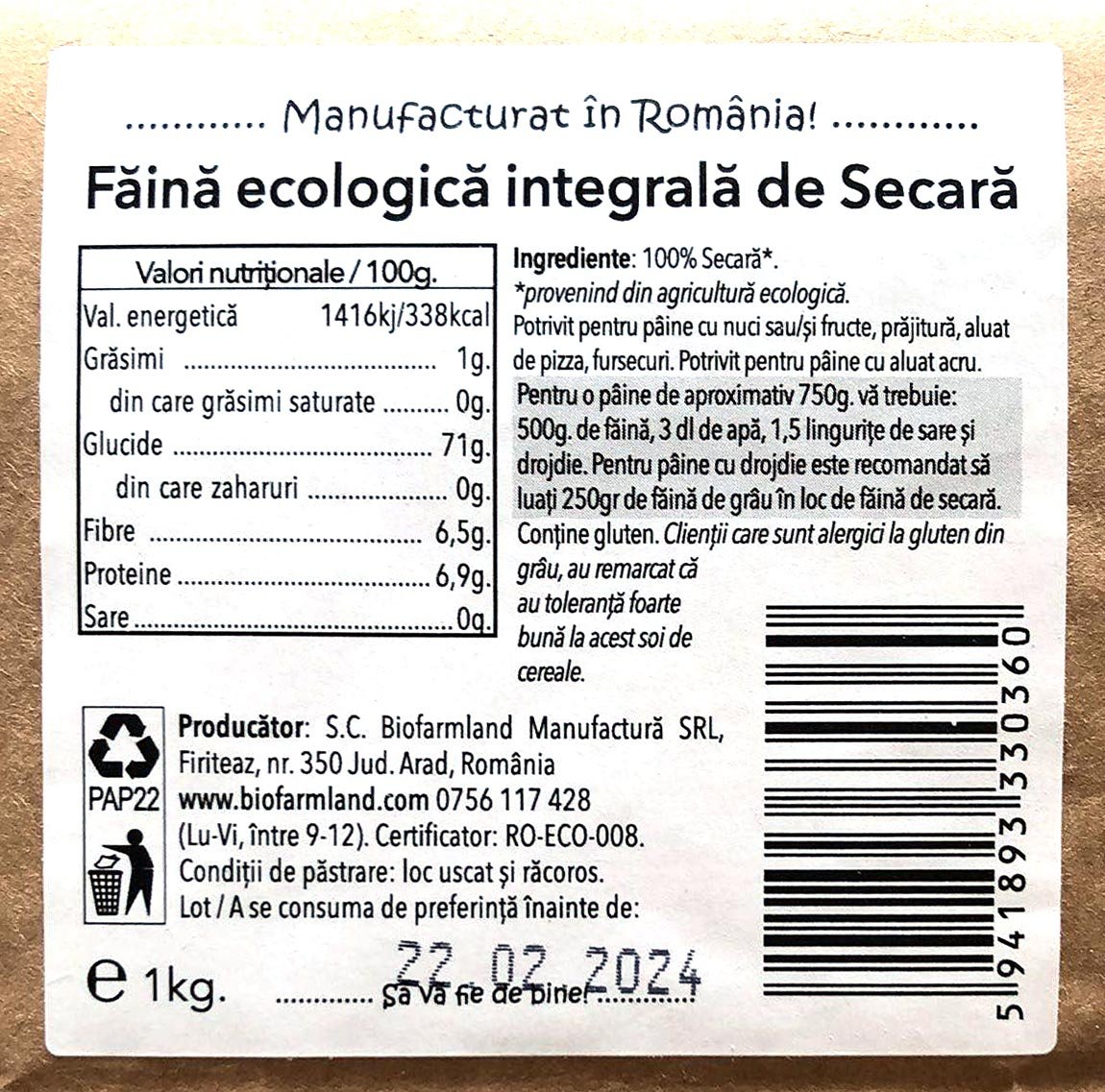 Făină integrală de Secară ecologică BioFarmLand 1kg